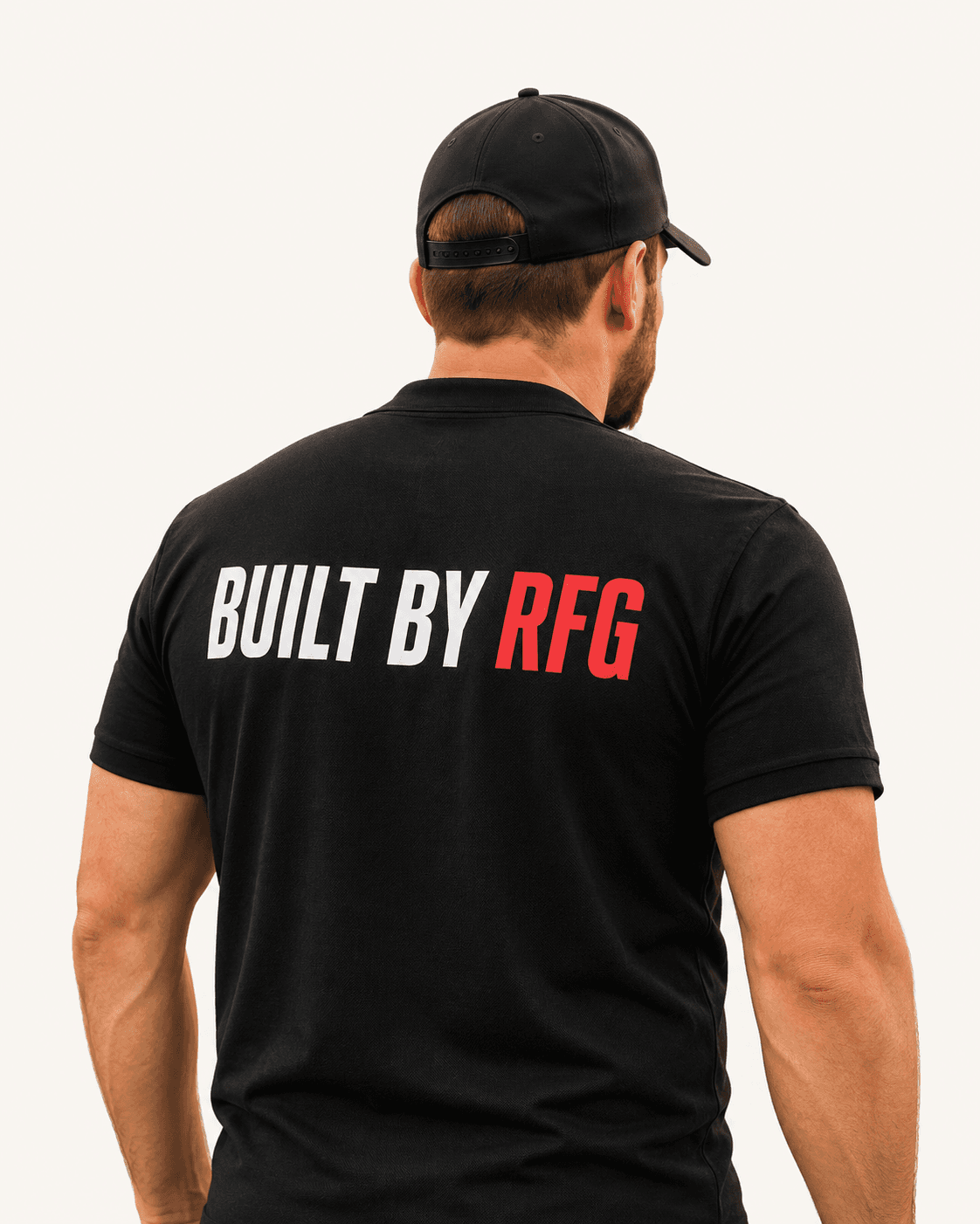 Built by RFG team member wearing a Built by RFG shirt